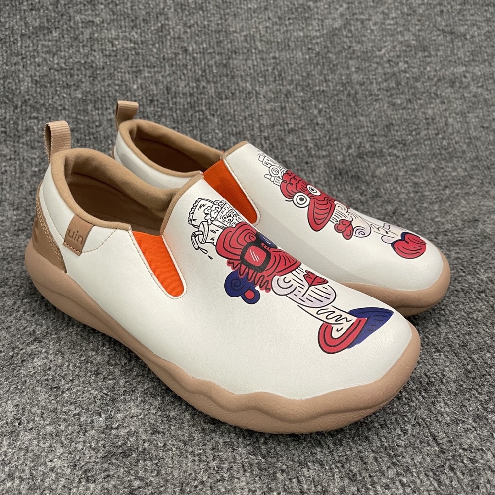 UIN Footwear Mens Elephant Art Canvas Slip On Loafers White Orange Size 12